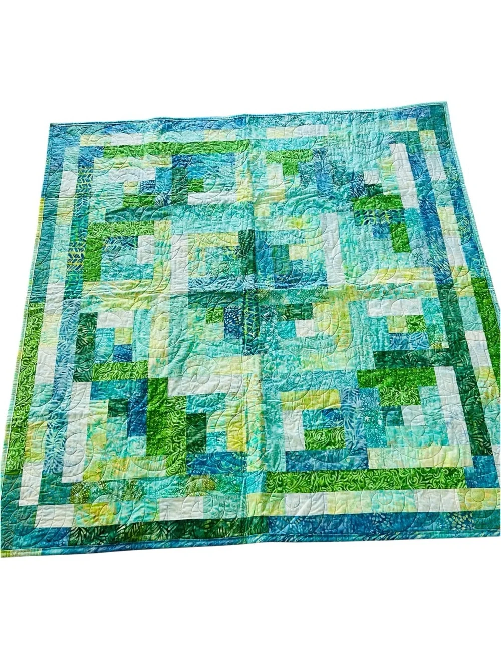 Handmade Batik Log Cabin Quilt 52x52 Blue Green Coastal Lap Quilt Wall Hanging